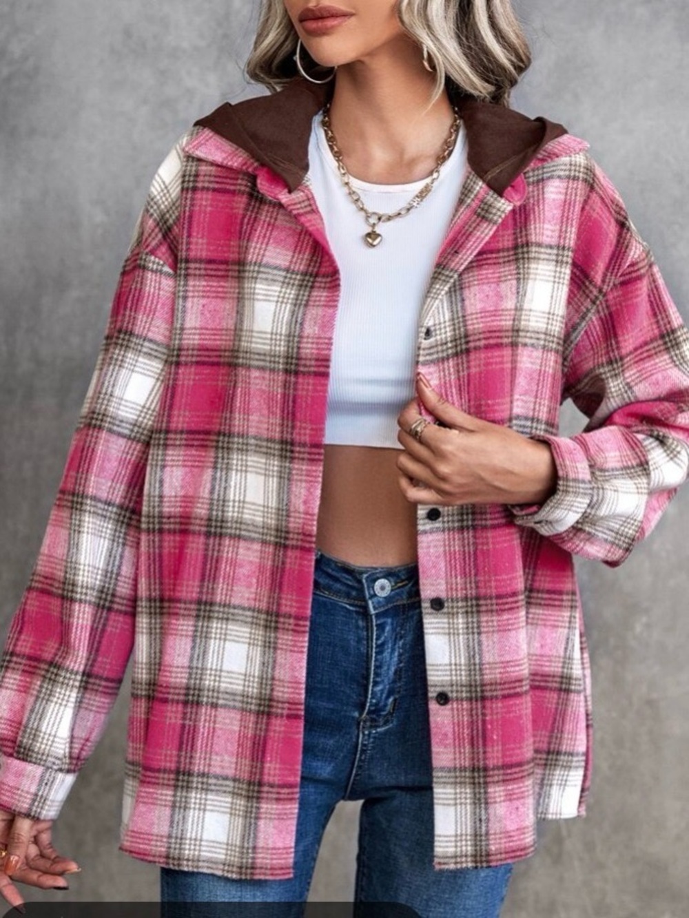 Pink Plaid Hooded Button-Up Jacket